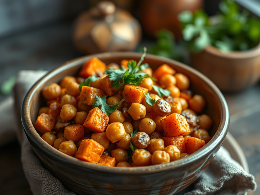 Veganes Herbst-Rezept für Kapha-Vata-Typen: Würzige Süßkartoffel-Kichererbsen-Bowl