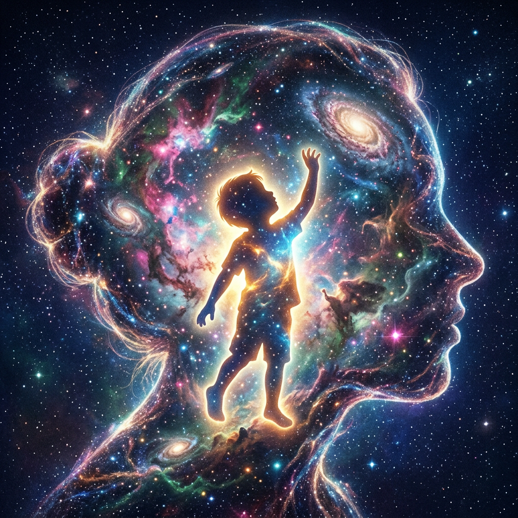 Silhouette of child reaching out inside cosmic star-filled outline of a human head