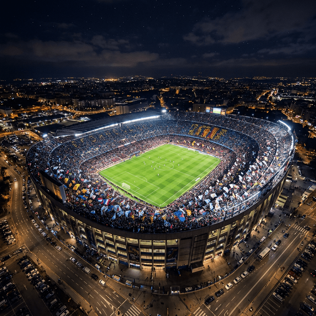 A fully packed soccer stadium at night with players on the field and fans in stands